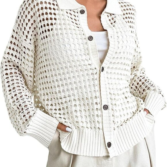 Women's Crochet Cardigan Sweater Lightweight Cardigan Hollow Out Sweater Long Sl